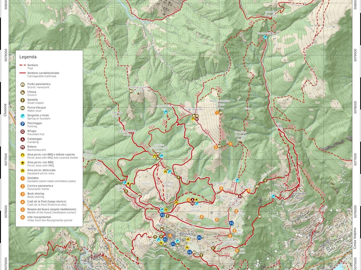 Carte des sentiers de Bossico et du lac d'Isée