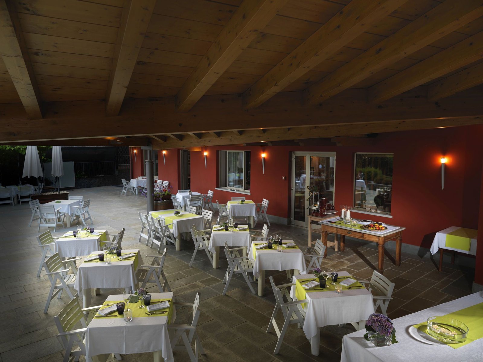 Restaurant terrace set for the evening